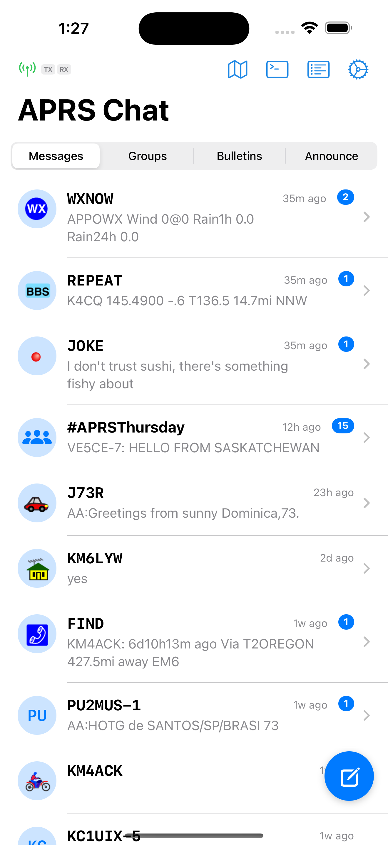 APRS Chat conversation list showing APRS symbols and messages