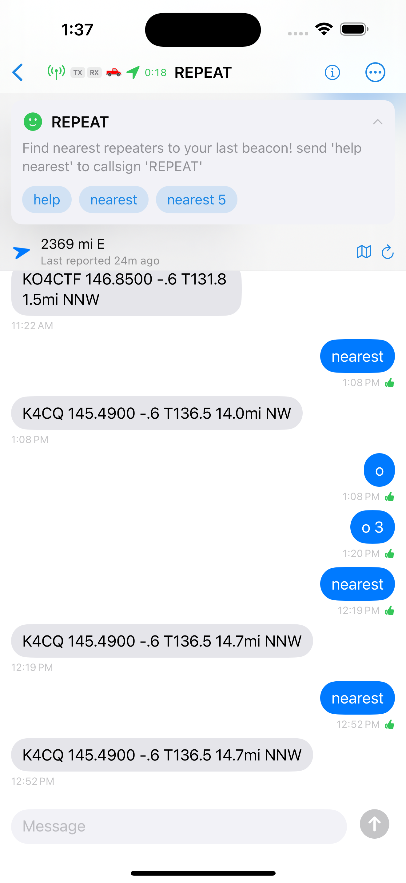 APRS Chat message thread showing a conversation