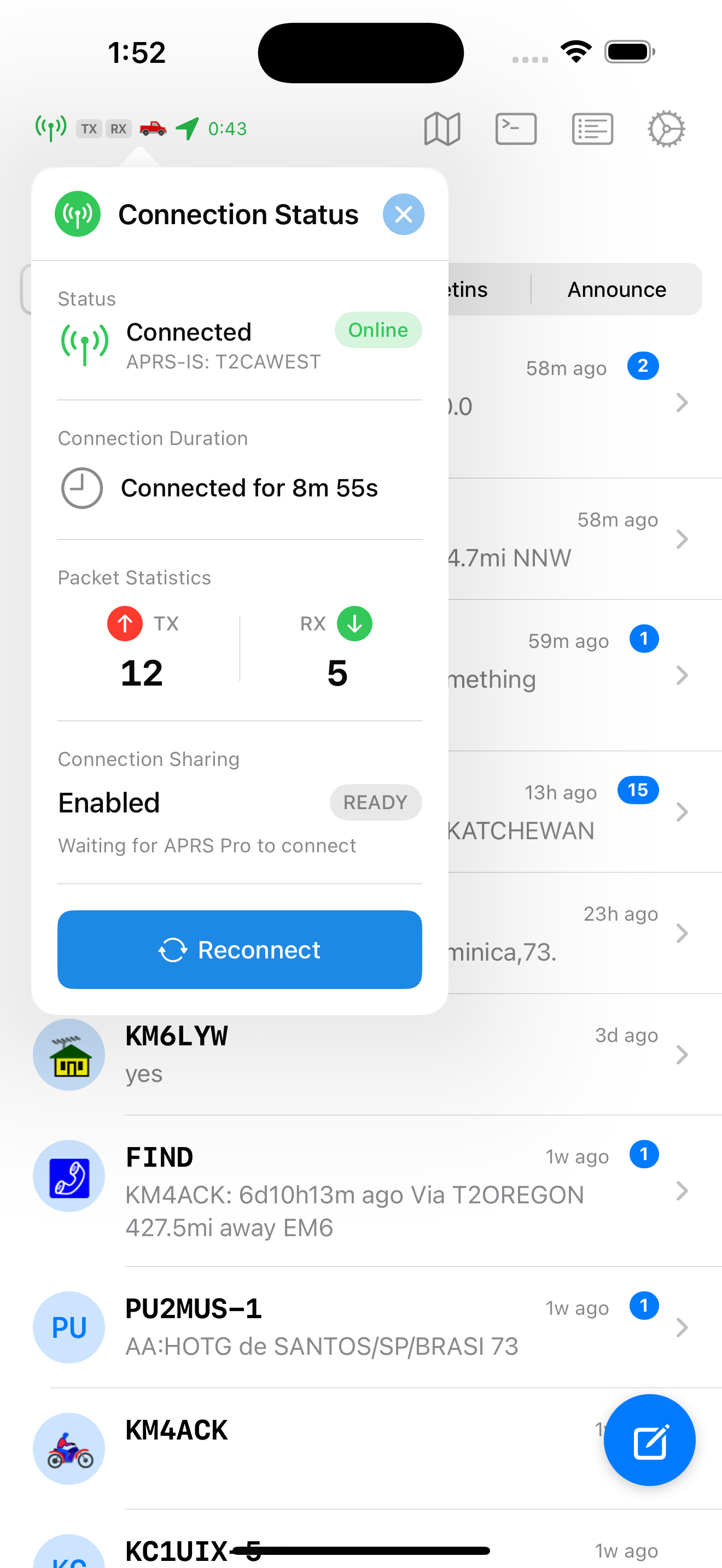 APRS Chat network status screen showing connection details and packet statistics
