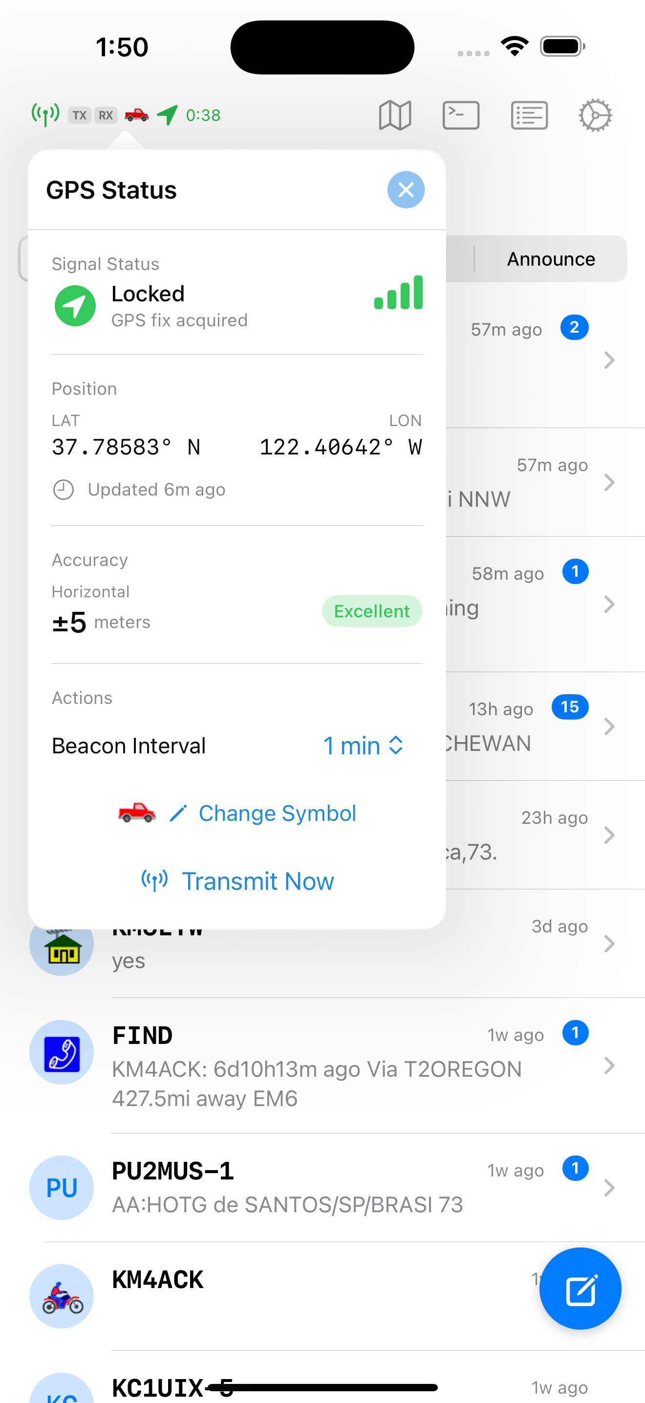 APRS Chat GPS status screen for position beaconing configuration