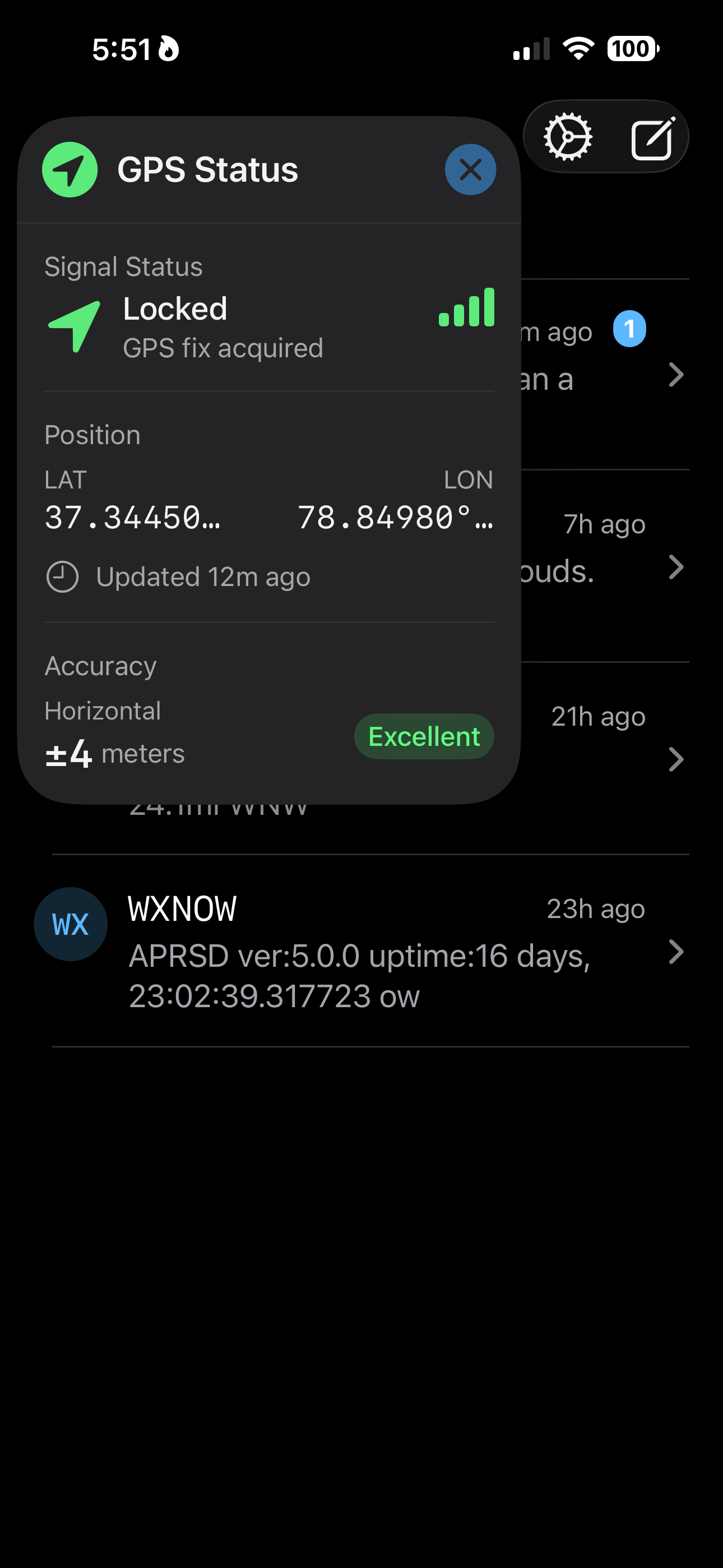 APRS Chat GPS status screen for position beaconing configuration