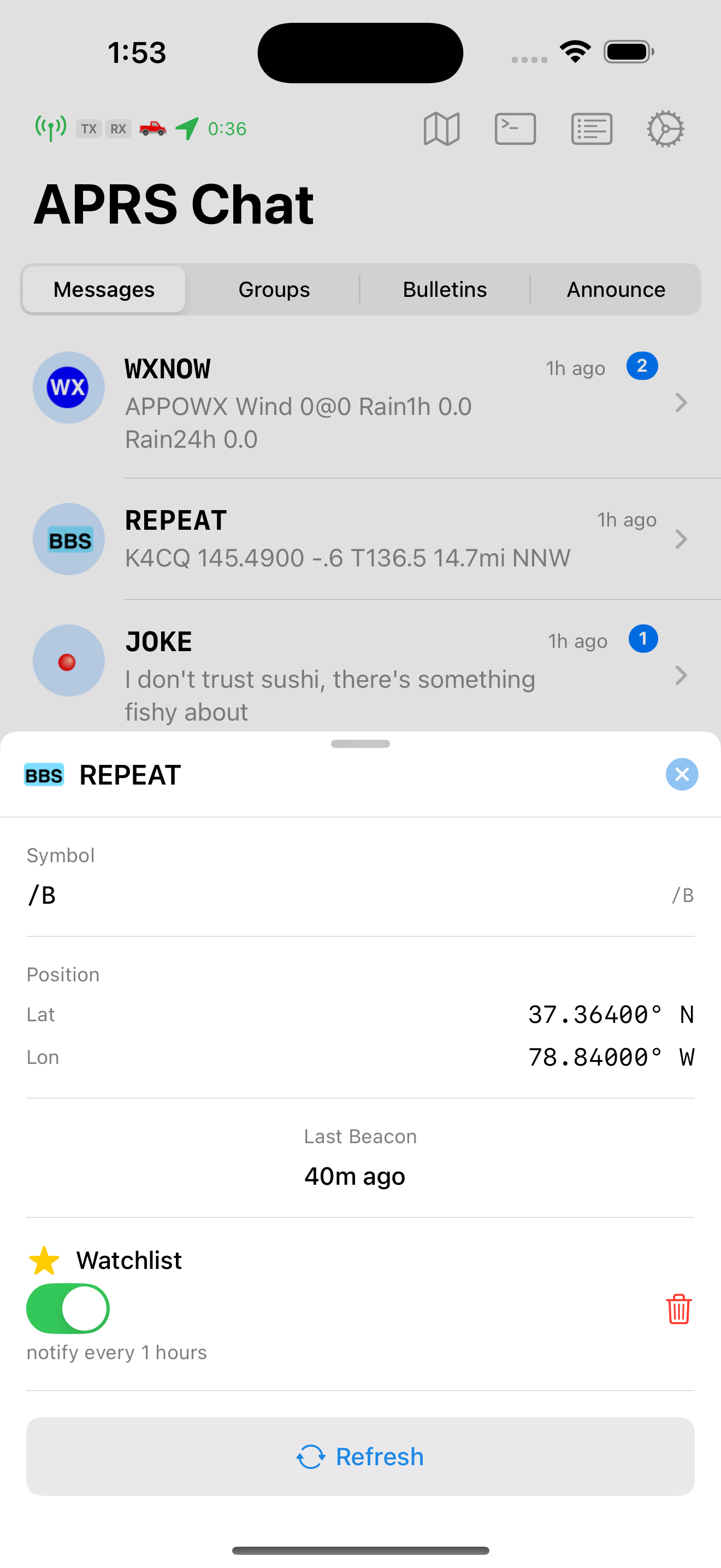 Station location popup with map and watchlist controls