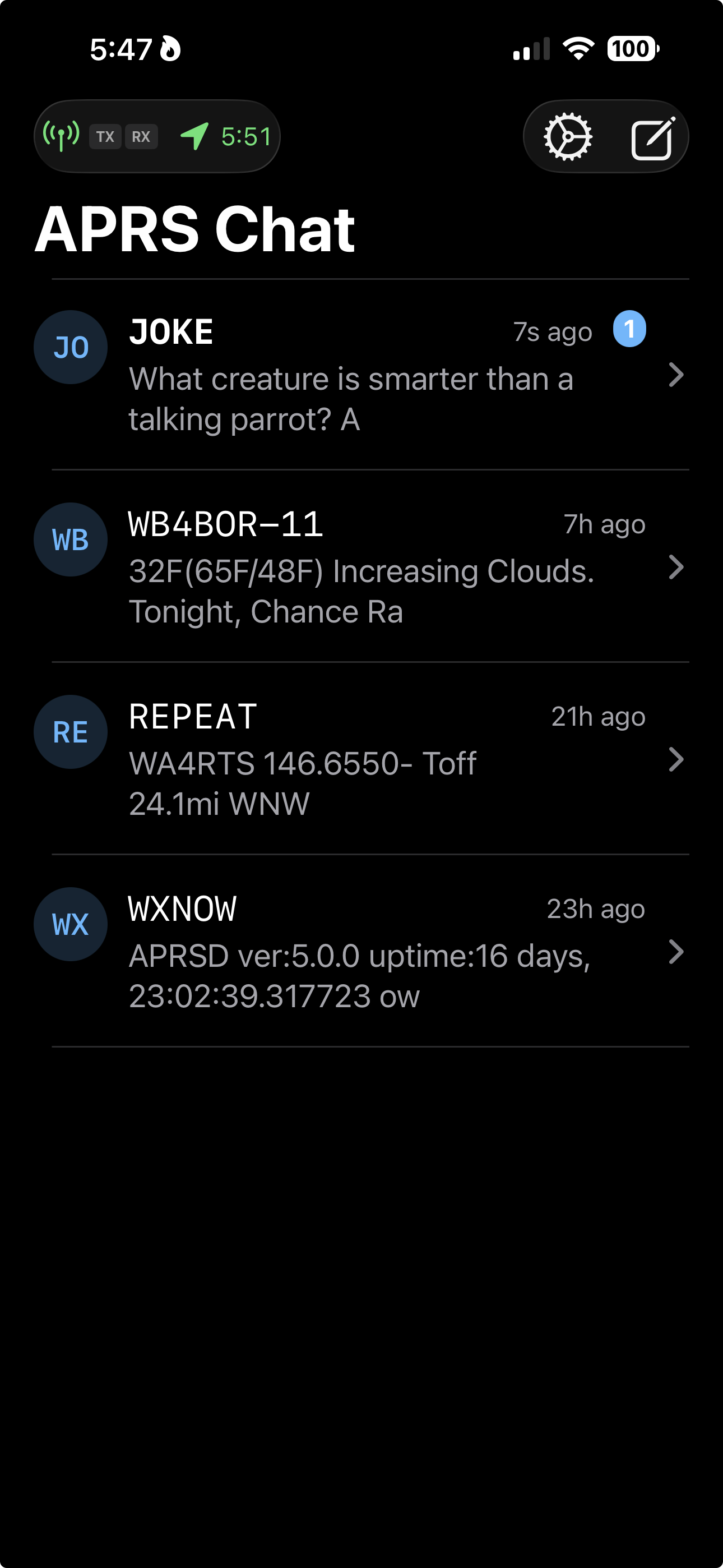 APRS Chat conversation list showing recent messages