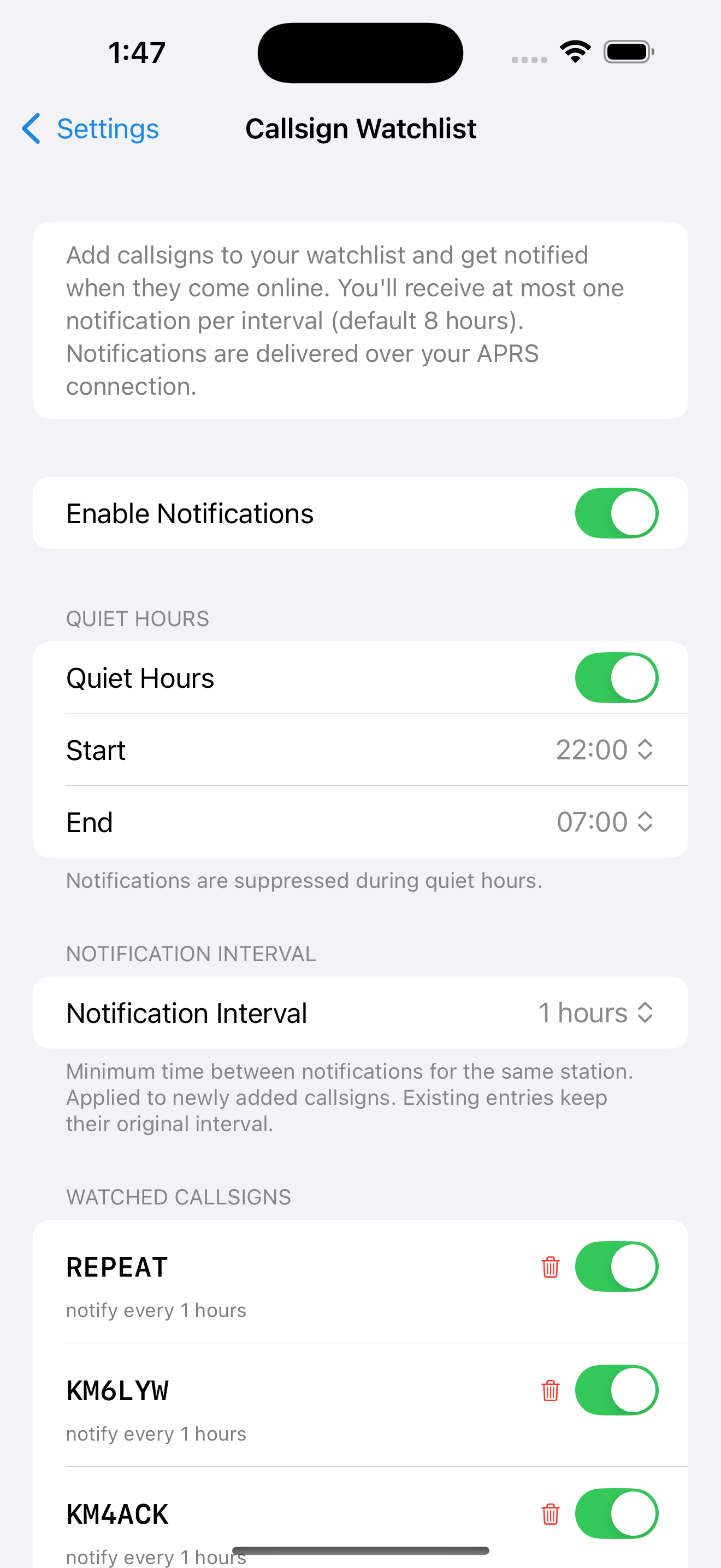 Callsign Watchlist settings with quiet hours and watched stations